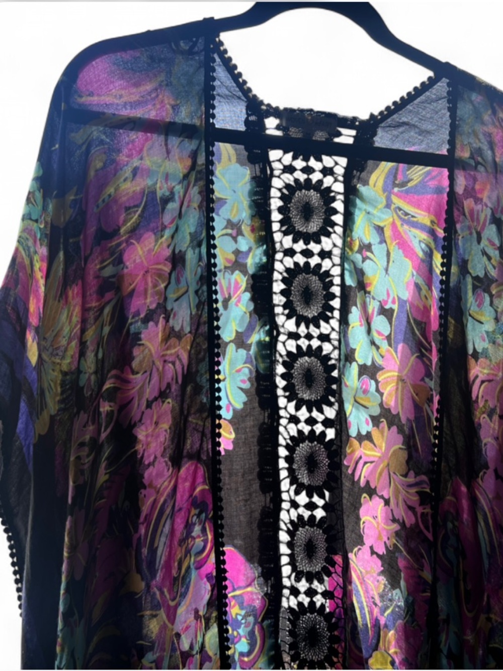 Woven Heart Gorgeous Black Floral Fringe Kimono with Pink & Teal Flowers - Picture 7 of 10